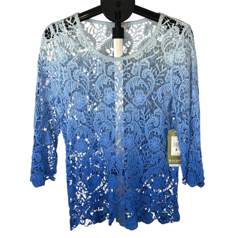 Erin London Blue Ombre Floral Crochet Lace Top 3/4 Sleeve Cotton 48528 Womens M